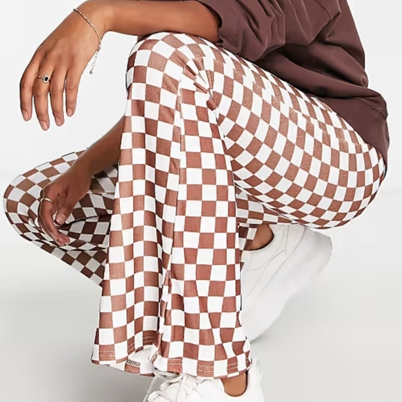 Grayson Threads Pants - Grayson Threads Checkered Flare Lounge Pants Brown White Small Raw Hem High Rise